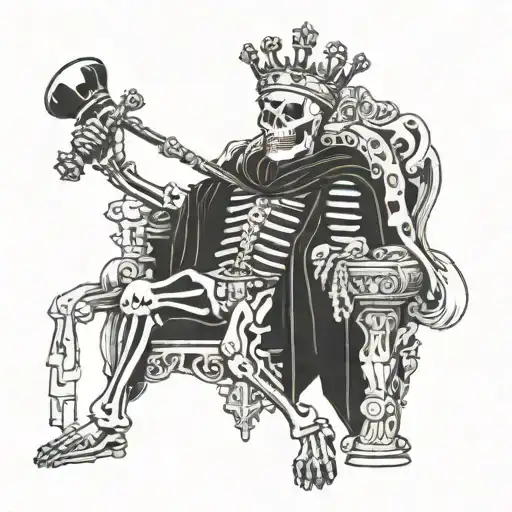 king skeleton wearing a crown with tethered king chess piece tattoo design idea