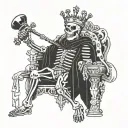 king skeleton wearing a crown with tethered king chess piece tattoo design idea