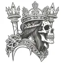 king skeleton wearing a crown with tethered king chess piece tattoo design idea