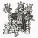 king skeleton wearing a crown with tethered king chess piece tattoo design idea