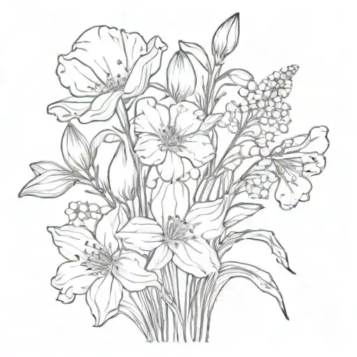 primrose, lilly of the valley, poppy and cosmos flower tattoo design idea