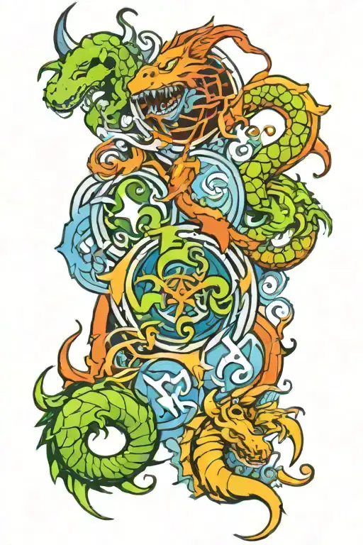 the 5 MTG mana symbols as colorful creatures around the mtg logo tattoo design idea