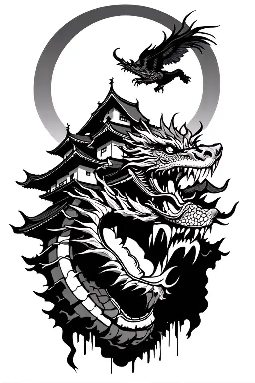 Japanese castle in ruin with the face of a dragon flying above tattoo design idea