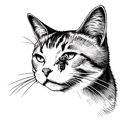 line art of a cat silhouette with a bee on the nose tattoo design idea
