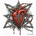 realistic human heart bleeding veins all over satanic pentagram around it. satanic symbols. temple of satan tattoo design idea