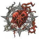 realistic human heart bleeding veins all over satanic pentagram around it. satanic symbols. temple of satan tattoo design idea