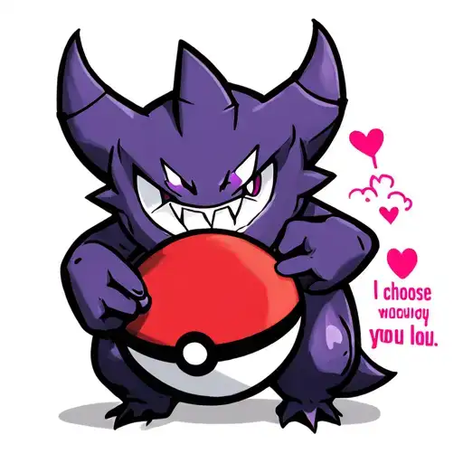 Gengar holding a love pokeball with the text "I choose you" in the background. Make it accurate to the show  tattoo design idea
