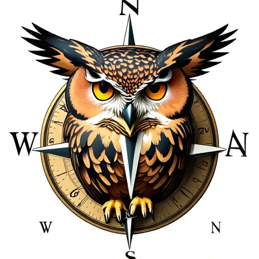A majestic owl perched on a nautical compass rose, symbolizing guidance and direction tattoo design idea