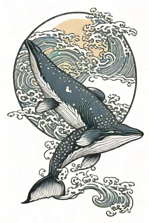 Humpback whale flying by moon tattoo design idea