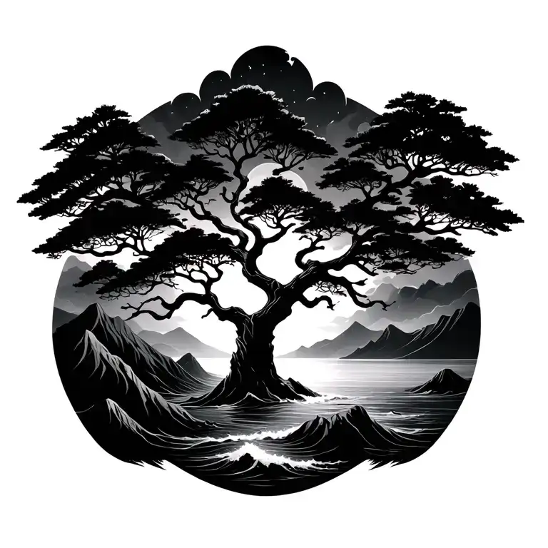 tree of life with ocean and mountains tattoo design idea