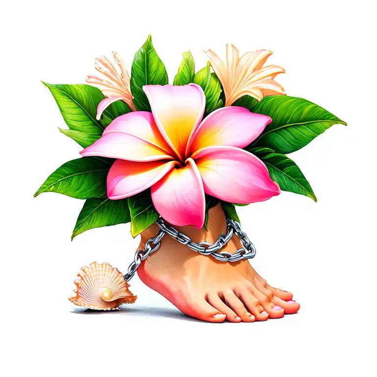 pink plumeria flower with seashells as the chain around ankle tattoo design idea