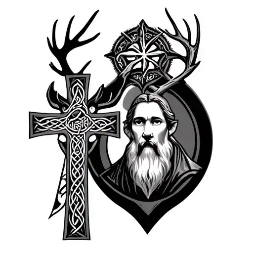 saint hubert deer with celtic cross and papa in antlers tattoo design idea