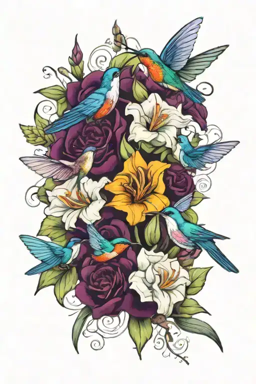 violet, iris, rose, honeysuckle flowers in a bouquet with humming bird  tattoo design idea