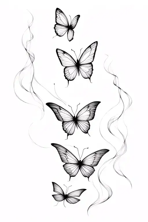 6 minimal line butterflies with delicate inner details Intertwined, soft smoke wisps wrapping naturally between wings tattoo design idea