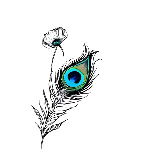 peacock feather and poppy flower tattoo design idea