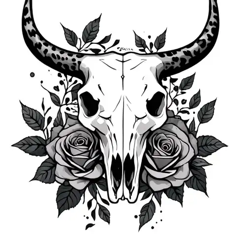 bull skull with roses and leopard print surrounded tattoo design idea