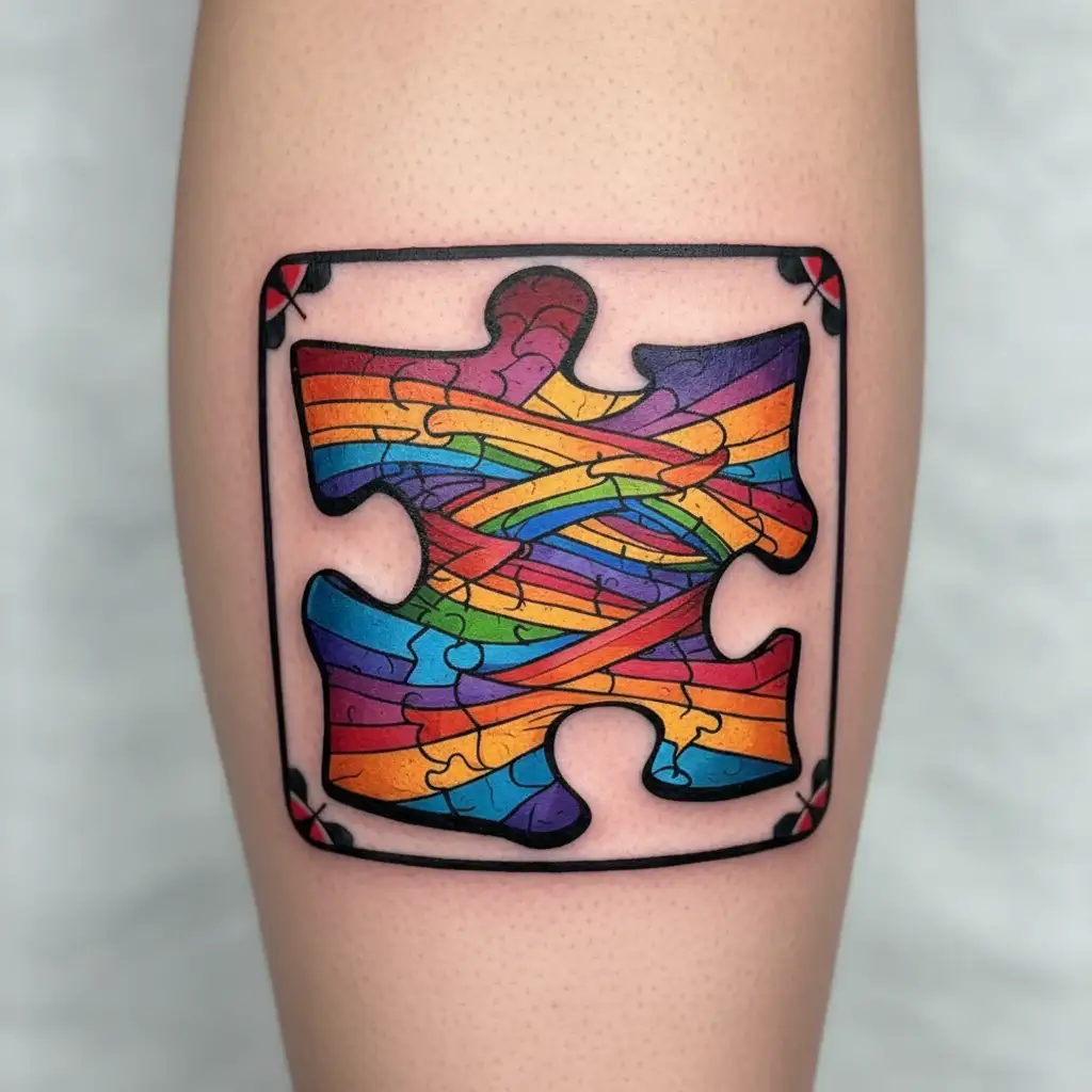rainbow autism puzzle piece and brain wrapped with blueish purple TSC ribbon tattoo design idea