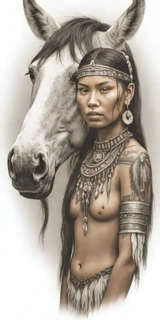 young adorable lakota woman full body horse tattoo design idea