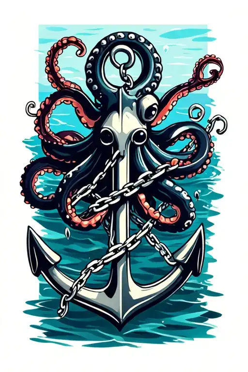 black and dark blue octopus wrapped around anchor in water with broken chain tattoo design idea