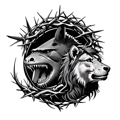 crown of thorns sleeve with tribal design of a shark, gorilla, lion, horse and wolf tattoo design idea