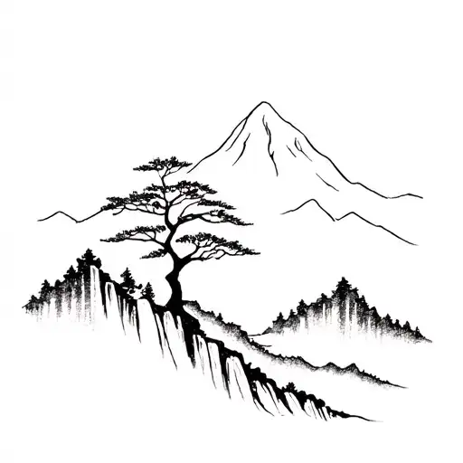 Rowan tree with mountains and waterfall tattoo design idea