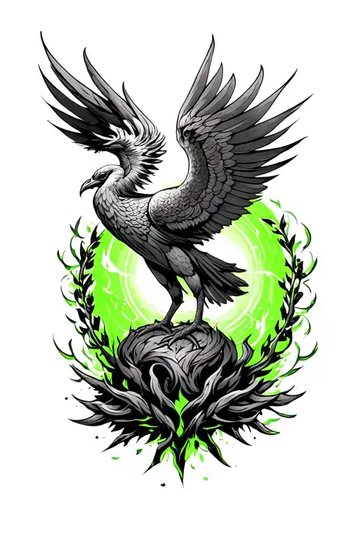 greek mythology with Phoenix rising from ashes symbolizing rebirth. With a green theme surrounding, war and Achilles tattoo design idea