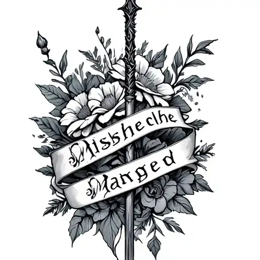 elder wand intertwined with a banner saying mischief managed with flowers behind it tattoo design idea