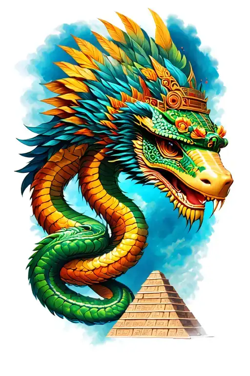 Quetzalcoatl the feathered serpent god, full body. include Tecun Uman, a Mayan calendar, and Mayan pyramid.  tattoo design idea