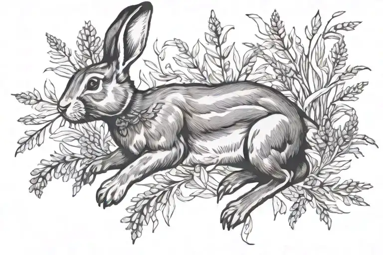rabbit running with sprig of lavender in mouth tattoo design idea