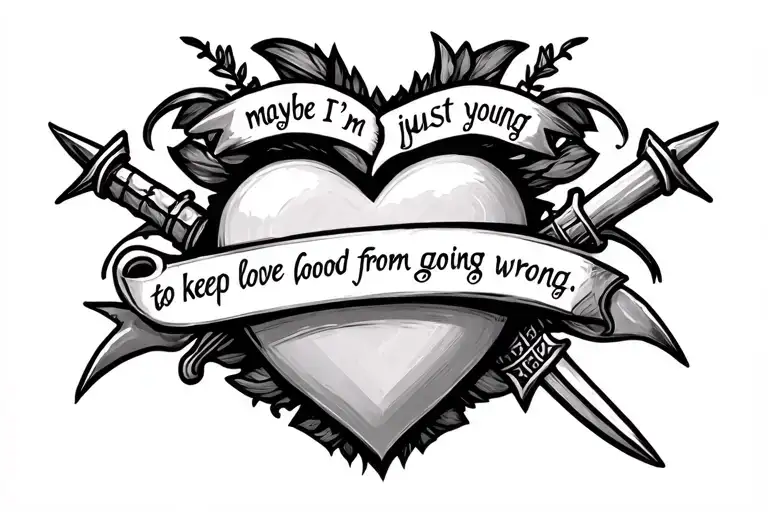 quote "maybe I'm just too young to keep good love from going wrong" with a heart and dagger tattoo design idea