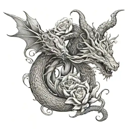 dragon and rabbit flowers intertwined tattoo design idea