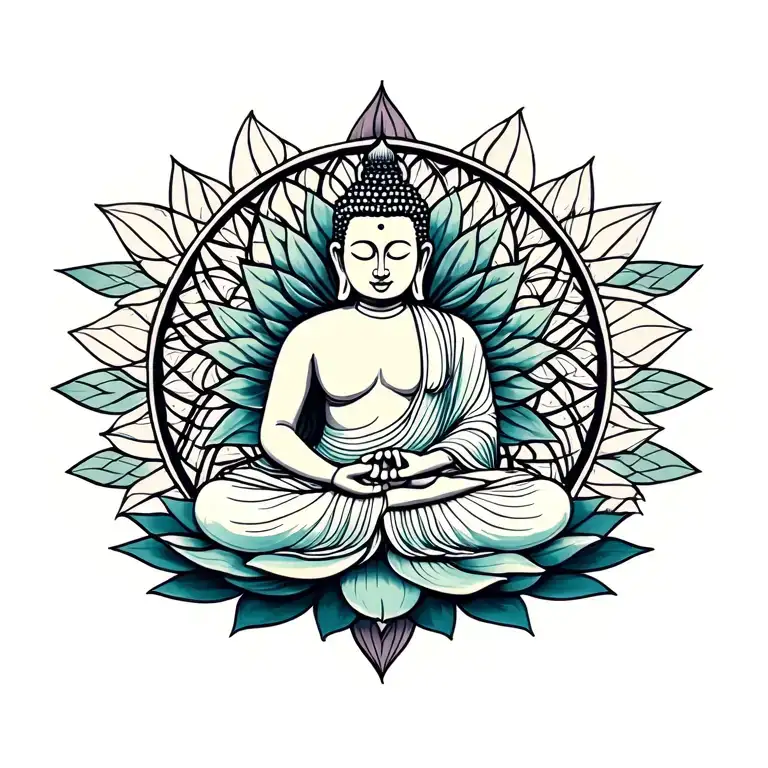buddha sitting on lotus in front of a sacred geometry design tattoo design idea
