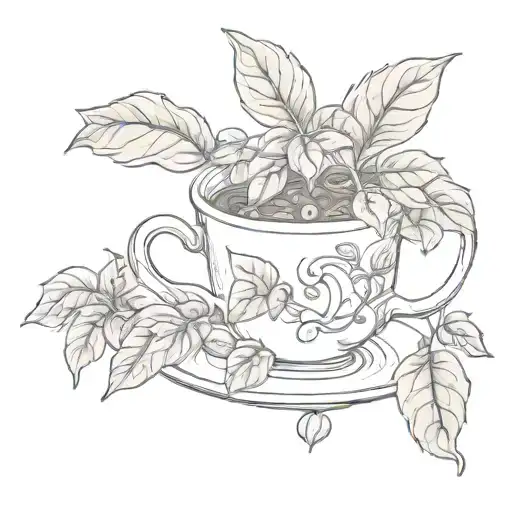 coffee cup filled with basil plant growing tattoo design idea