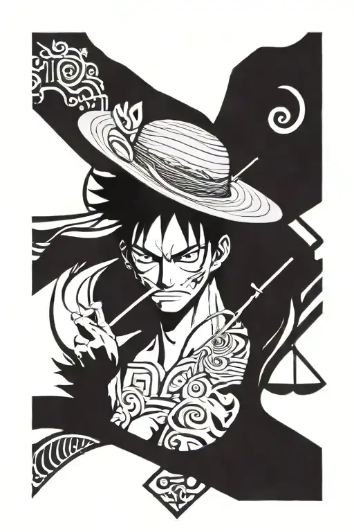 anime with focal point being luffy straw hat and hisoka tattoo design idea