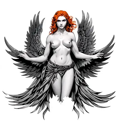redhead nude valkyrie with wings spread tattoo design idea