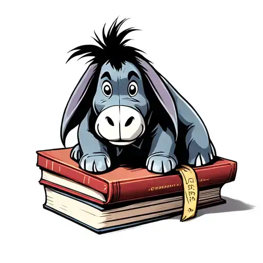 stack of books with eeyore on top tattoo design idea