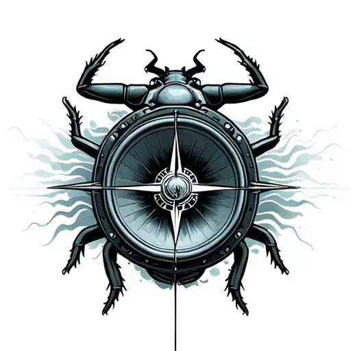 subwoofer surrounded by aurora waves and soundwaves in a body of a beetle compass in the middle tattoo design idea