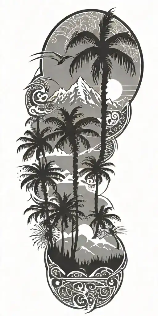 tribal inspired design featuring, snow covered palm trees and sun rising  tattoo design idea