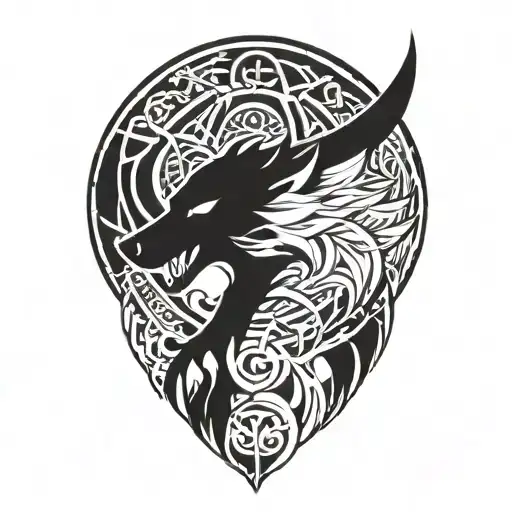 angry fenrir with runes wrapping, nordic skoll and hati tattoo design idea