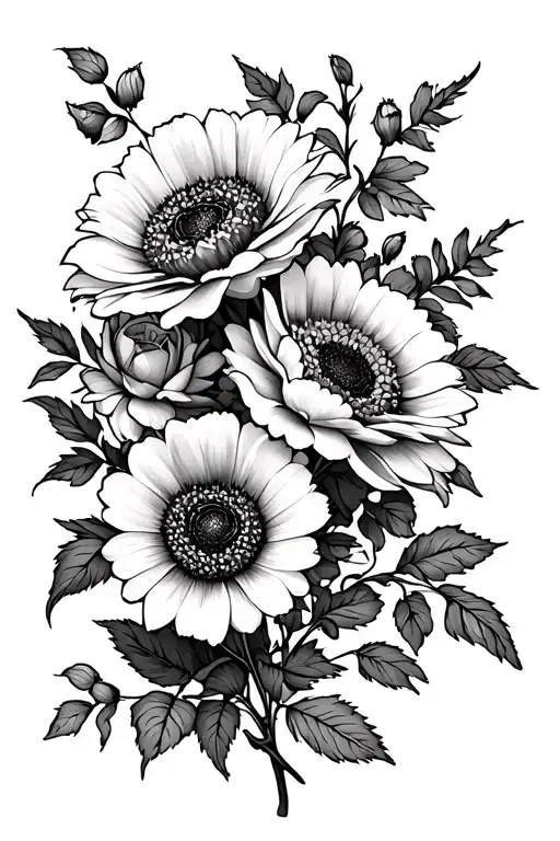 Poppy's Chrysanthemum Aster Carnation sunflower roses on single vine tattoo design idea