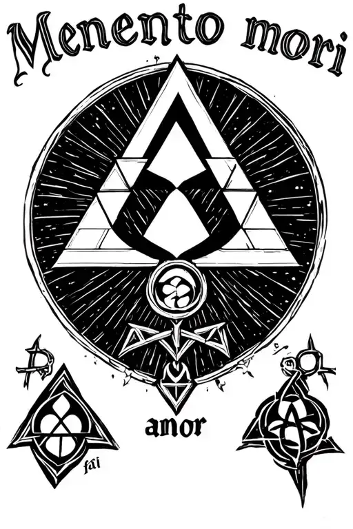 triforce from legend of zelda and have the words "Memento mori" above and "amor fati" below tattoo design idea