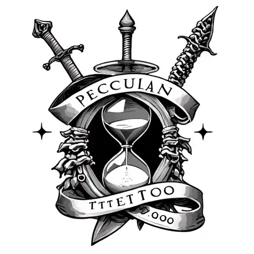 create a sketch of a spine tattoo of a sword and an hourglass with a banner wrapping around it that says peculiar tattoo design idea