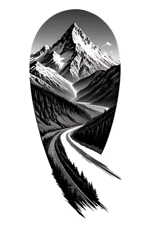 road and mountain range tattoo design idea