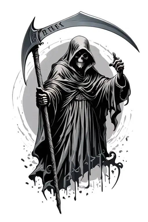 grey 59 letters with grim reaper holding a scythe tattoo design idea