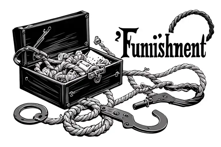 "Funnishment" black toy box with rope handcuffs, riding crop, whip sticking out tattoo design idea