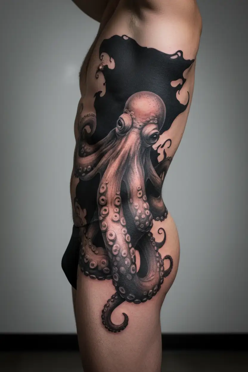 octopus wrapping around thigh tattoo design idea