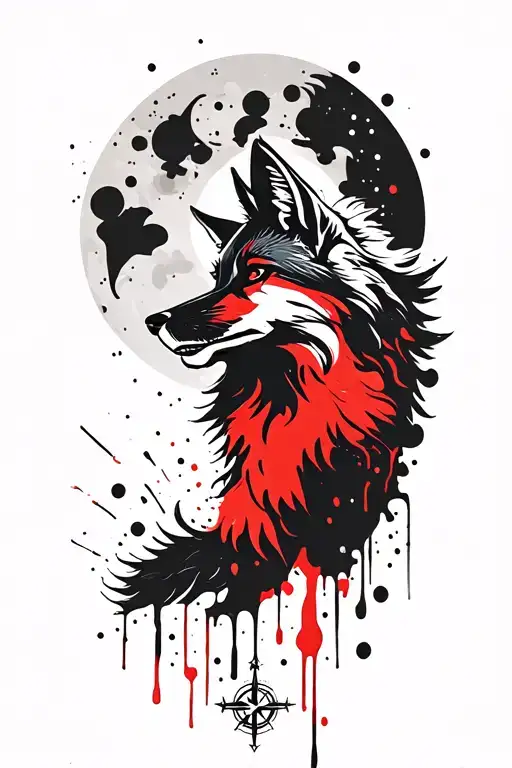 howling fox with Belarus theme with moon and compass in back tattoo design idea