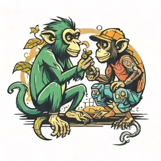 monkey and cricket arguing in cartoon style tattoo design idea