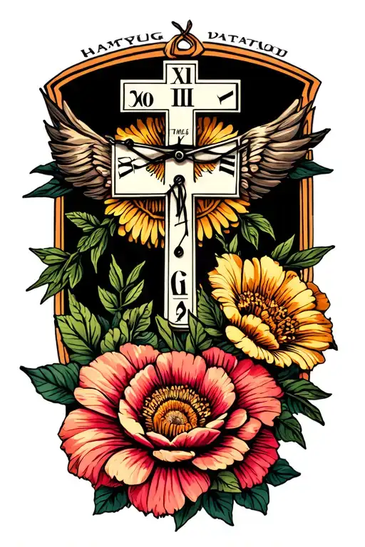 Time heals all flowers and cross tattoo design idea