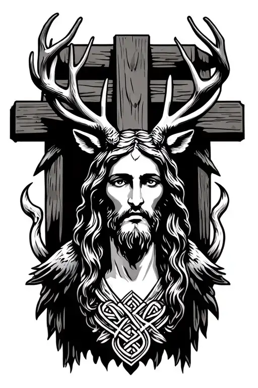 jesus on cross, crows celtic deer head tattoo design idea